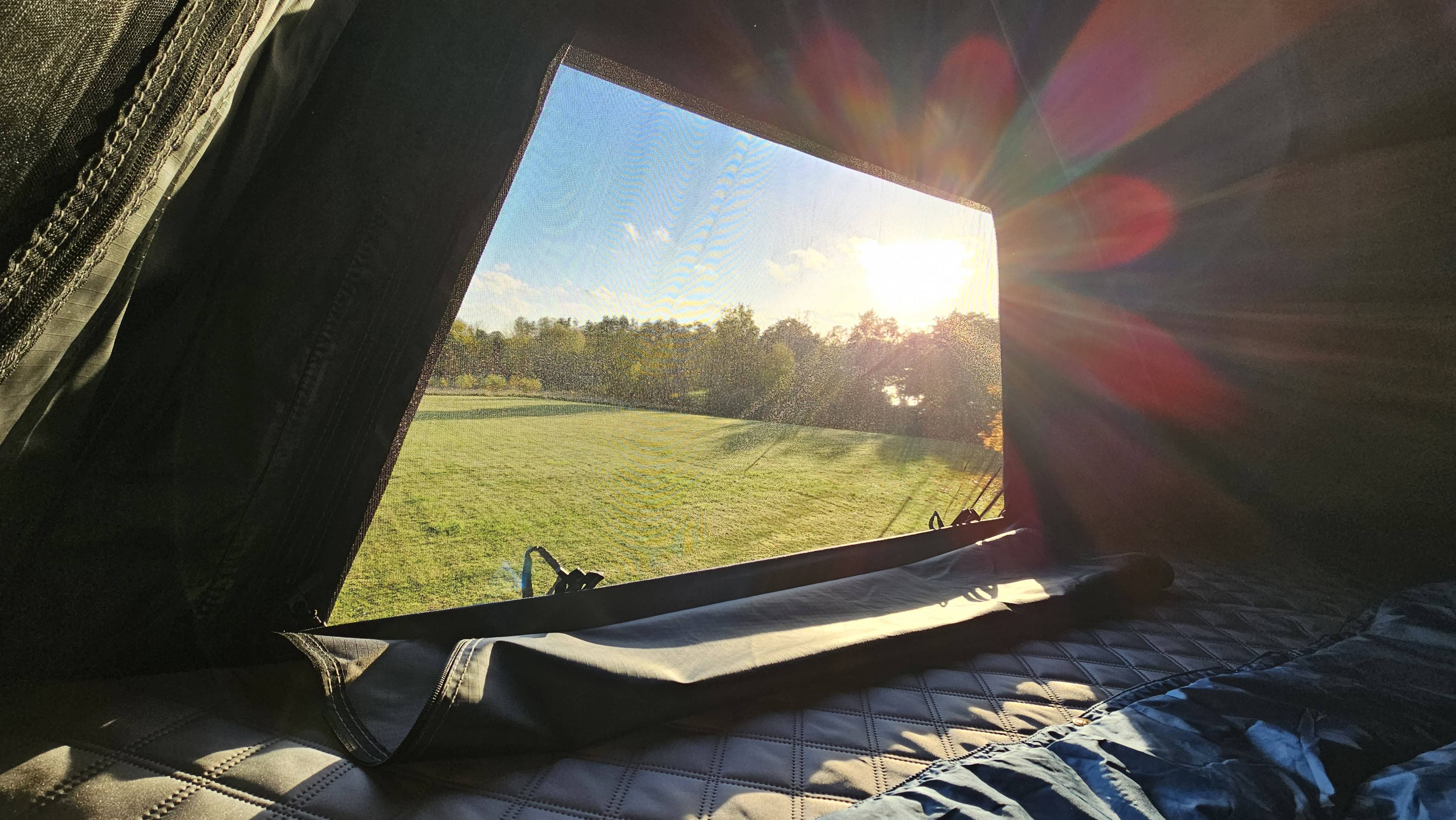 Aussicht aus dem Vickywood CUMARU LIGHT Dachzelt auf dem VW Crafter Hochdach