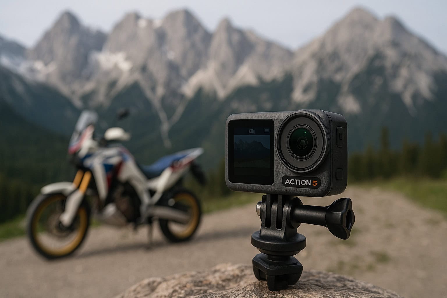 DJI Osmo Action 5 Pro mit Honda Africa Twin und Bergen im Hintergrund